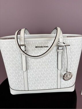 Michael Kors White MK Logo Tote with Silver Accent